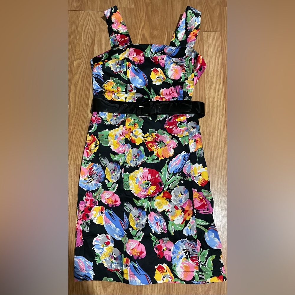 Suzy Shier Colorful Floral Midi Dress with Black Belt